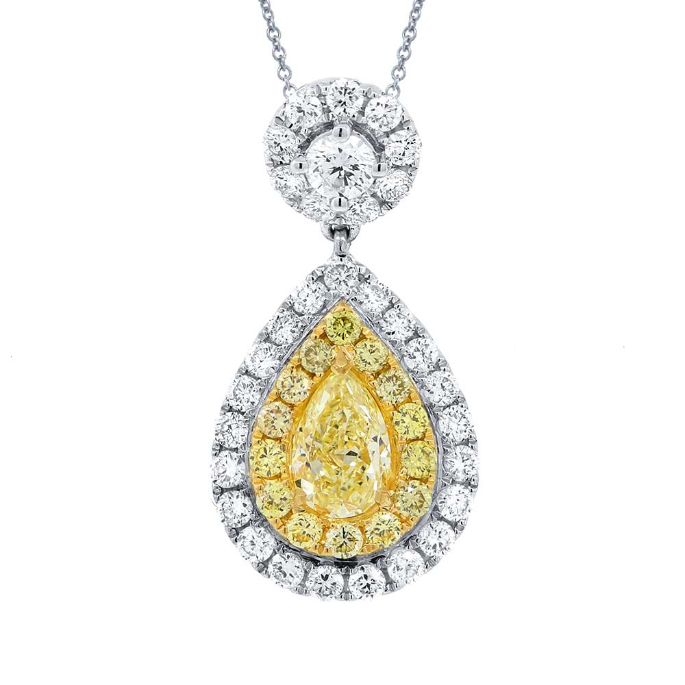 0.58ct Pear Shape Center And 0.70ct Side 18k Two-tone Gold Natural Yellow Diamond Pendant Necklace