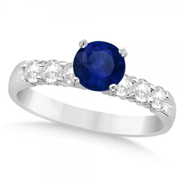 Blue Sapphire and Diamond Engagement Ring in 14k White Gold 1.30ct