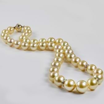 Golden South Sea Pearl Strand Necklace w/ Diamonds 14k Y Gold 10-13mm