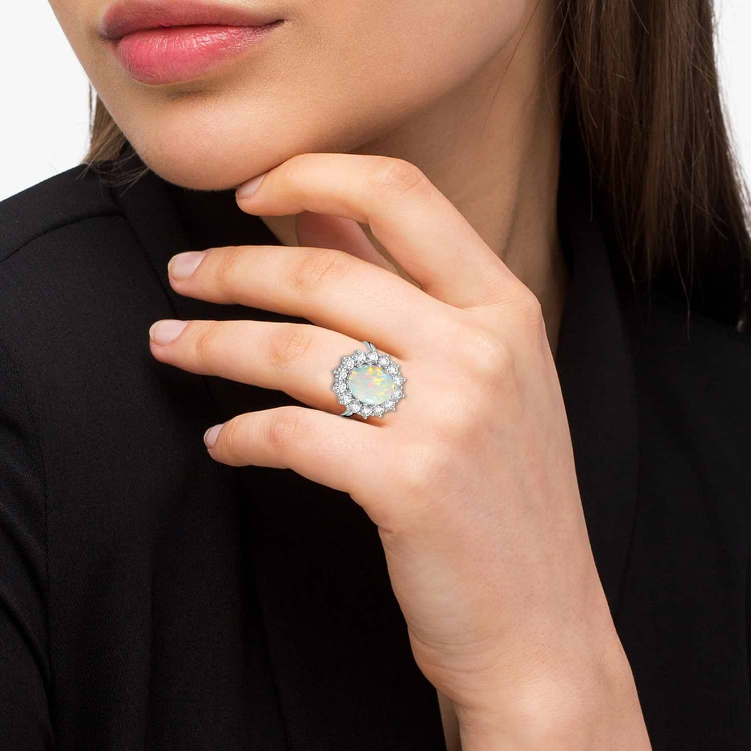 Custom-Made Oval Opal & Diamond Halo Lady Di Ring 14k White Gold (7ct)
