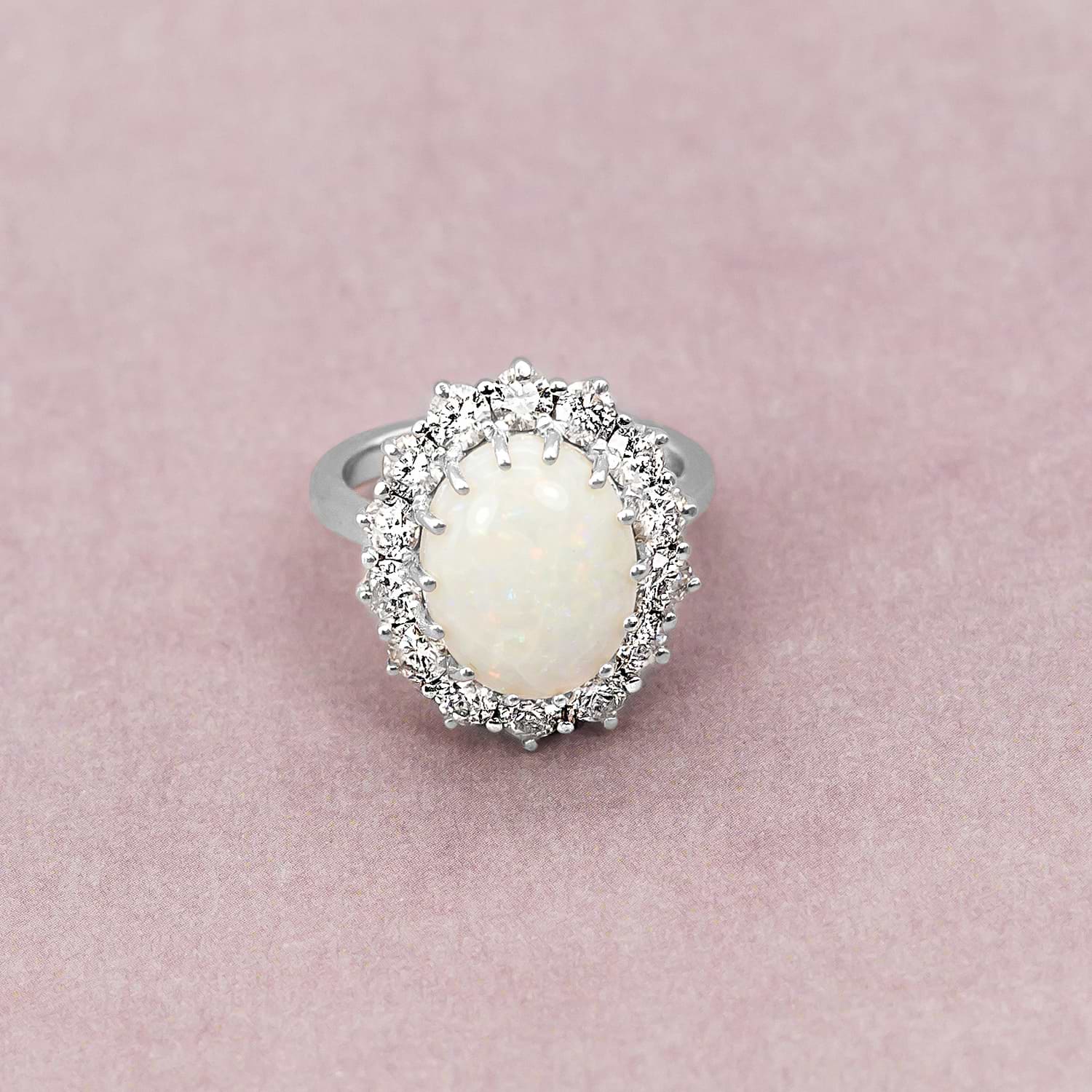 Custom-Made Oval Opal & Diamond Halo Lady Di Ring 14k White Gold (7ct)