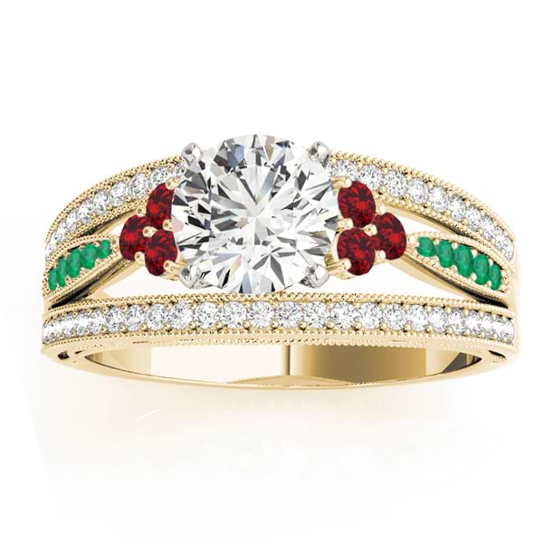 Custom-Made Diamond & Ruby & Lab Created Emerald Three Row Split Shank Engagement Ring 14k Yellow Gold (0.42ct)