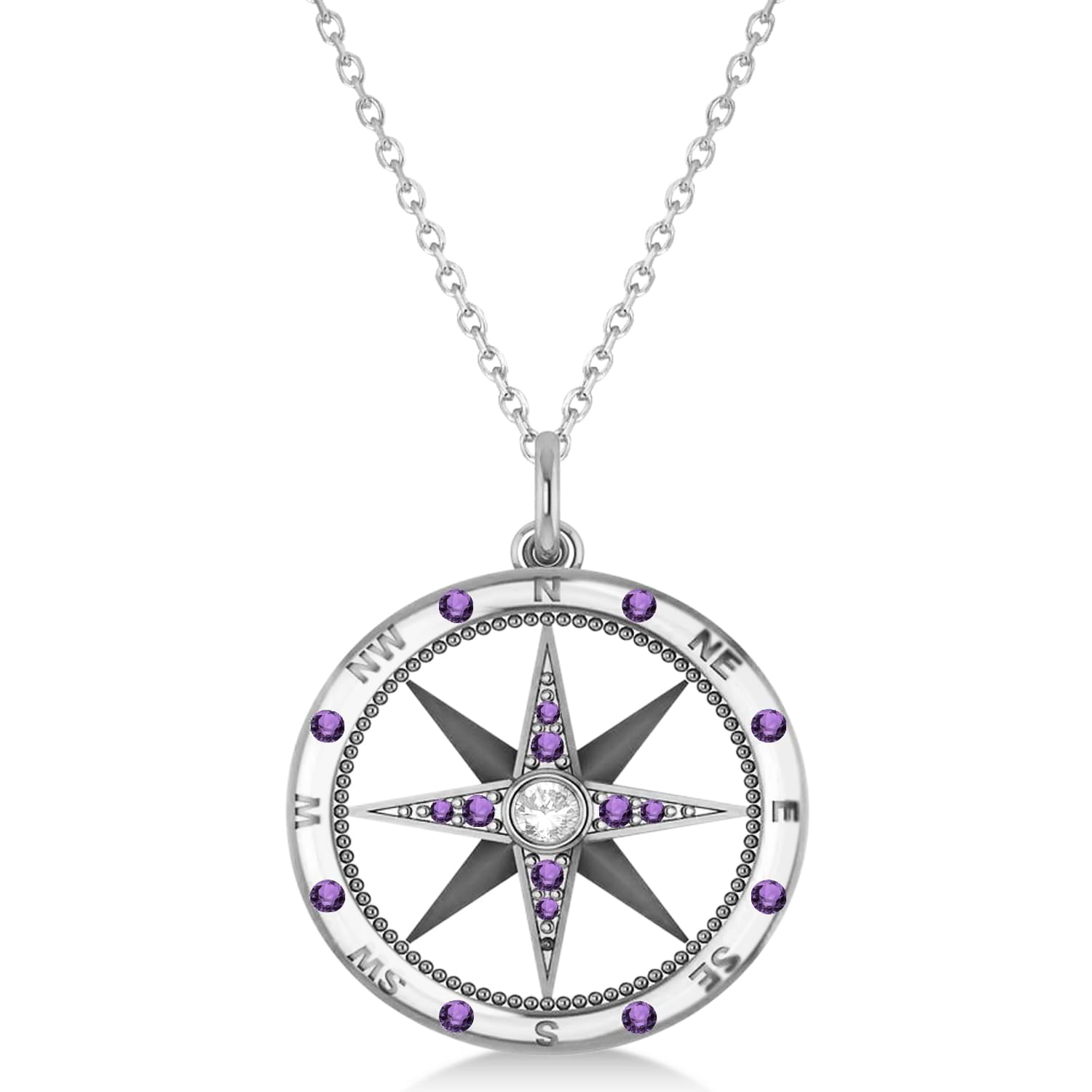 Custom-Made Compass Pendant Amethyst & Diamond Accented 18k White Gold (0.19ct) with 20" chain