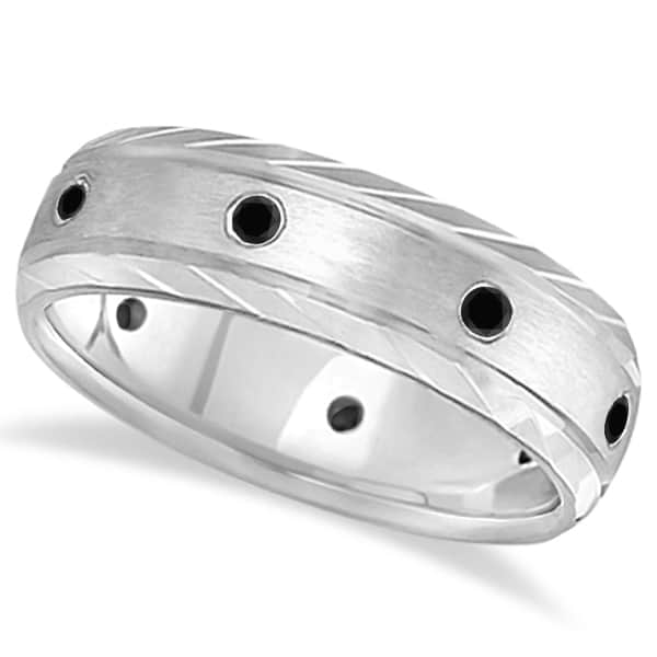 Men's Burnish-Set Black Diamond Wedding Ring 14k White Gold (0.40 ctw)