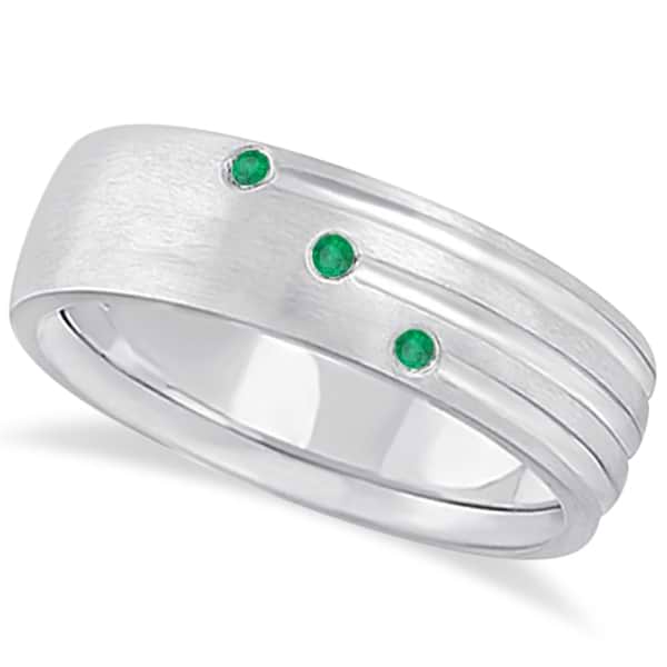 Mens Shooting Star Emerald Wedding Ring Band 14k White Gold (0.15ct)
