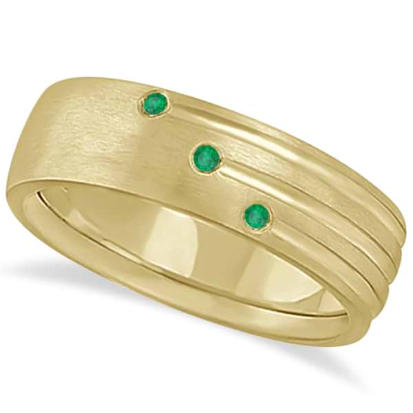 Mens Shooting Star Emerald Wedding Ring Band 14k Yellow Gold (0.15ct)