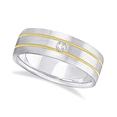 Mens Milgrain Engraved Diamond Wedding Band Ring 18k Two-Tone (0.05ct)