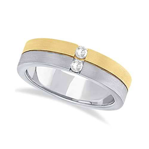 Mens Channel Diamond Wedding Ring Groove Band 14k Two-Tone Gold (0.15ct)