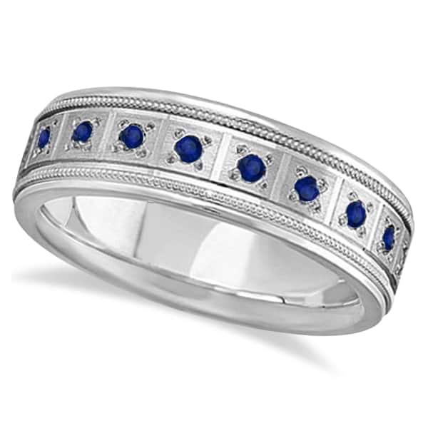 Blue Sapphire Ring for Men Wedding Band 14k White Gold (0.80ctw)