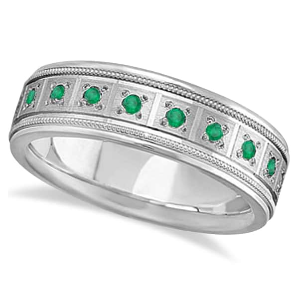 Emerald Ring for Men Wedding Band 18k White Gold (0.80ctw)