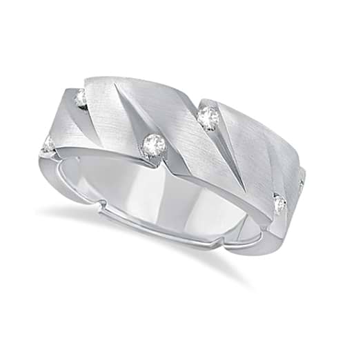 Mens Pointed Groove Diamond Wedding Ring Band 14k White Gold (0.50ct)