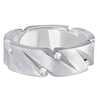 Mens Pointed Groove Diamond Wedding Ring Band 14k White Gold (0.50ct)