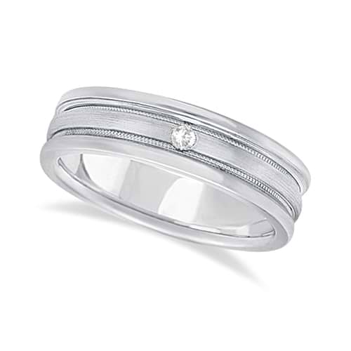 Mens Engraved Diamond Solitaire Wedding Band 14k White Gold (0.05ct)