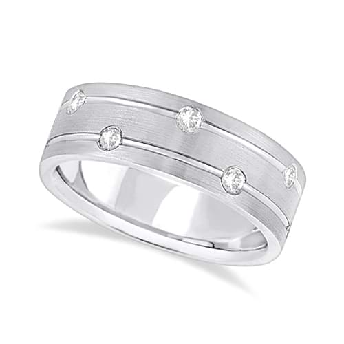 Mens Wide Band Diamond Wedding Ring w/ Grooves 14k White Gold (0.40ct)