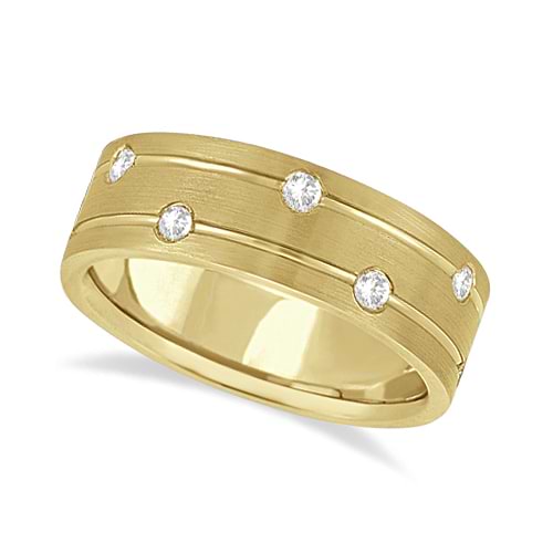 Mens Wide Band Diamond Wedding Ring w/ Grooves 14k Yellow Gold (0.40ct)