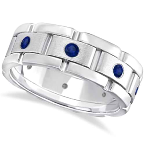 Men's Blue Sapphire Wedding Ring Wide Band 18k White Gold (0.80ct)