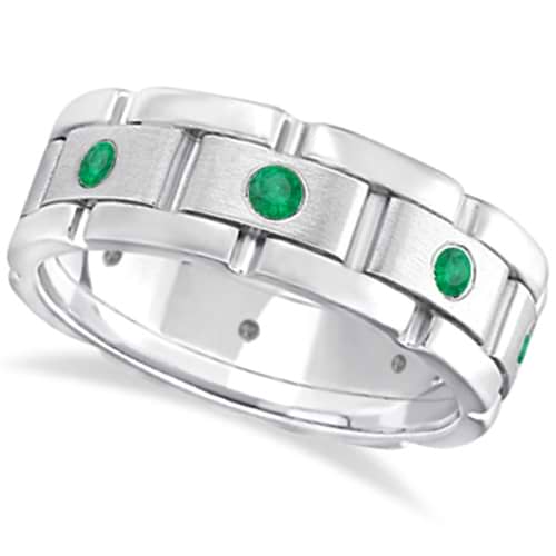 Men's Emerald Wedding Ring Wide Eternity Band 14k White Gold (0.80ct)