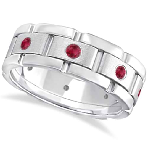 Men's Ruby Wedding Ring Wide Eternity Band 14k White Gold (0.80ct)