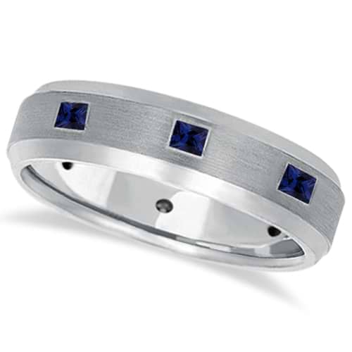 Princess-Cut Sapphire Ring for Men Wedding Band 14k White Gold (0.80ct)