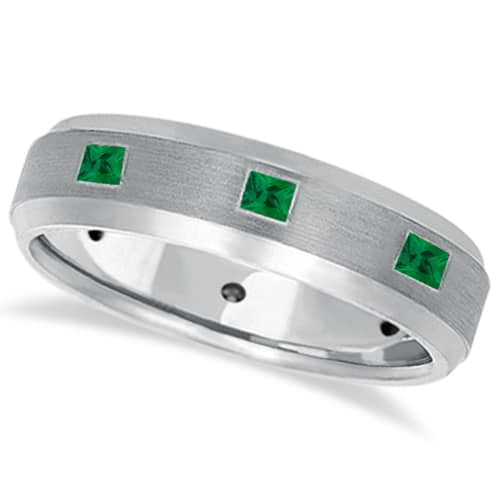 Princess-Cut Emerald Ring for Men Wedding Band 14k White Gold (0.80ct)