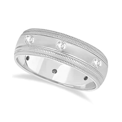 Mens Engraved Diamond Wedding Ring Wide Band 18k White Gold (0.35ct)