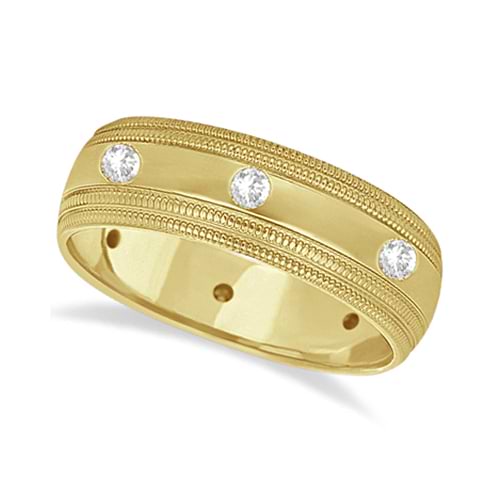 Mens Engraved Diamond Wedding Ring Wide Band 18k Yellow Gold (0.35ct)
