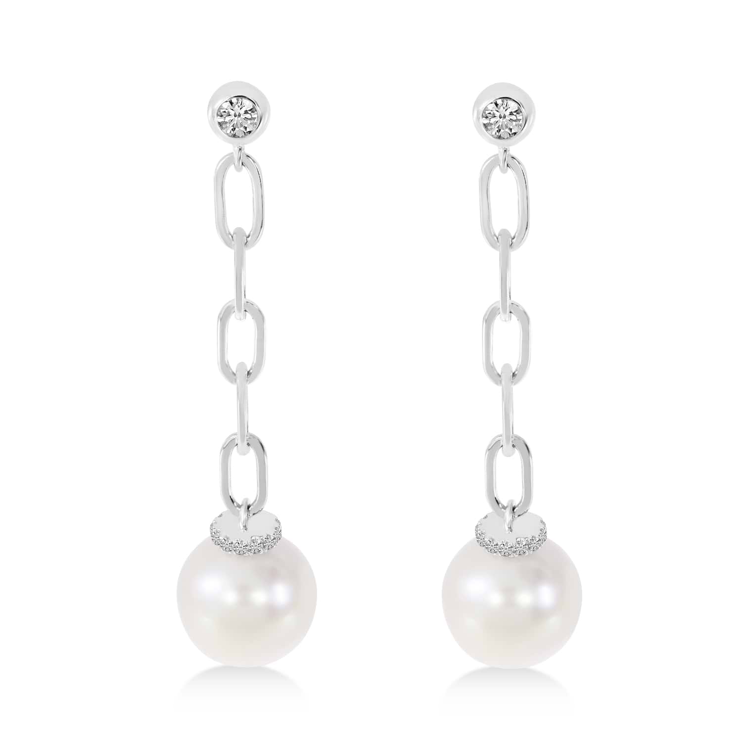 Diamond & Pearl Paperclip Link Earrings 14k White Gold (0.15ct)