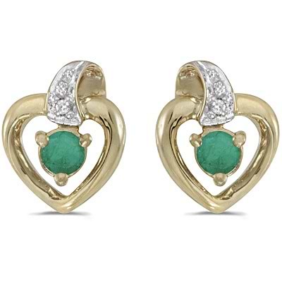 Emerald and Diamond Heart Earrings 14k Yellow Gold (0.20ctw)