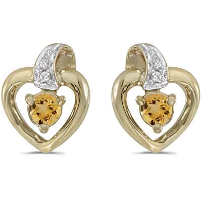 0.20ct Round Citrine and Diamond Heart Earrings 14k Yellow Gold