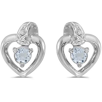 Aquamarine and Diamond Heart Earrings 14k White Gold (0.20ctw)