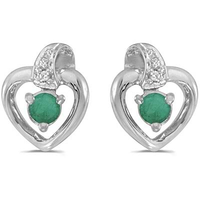Emerald and Diamond Heart Earrings 14k White Gold (0.20ctw)