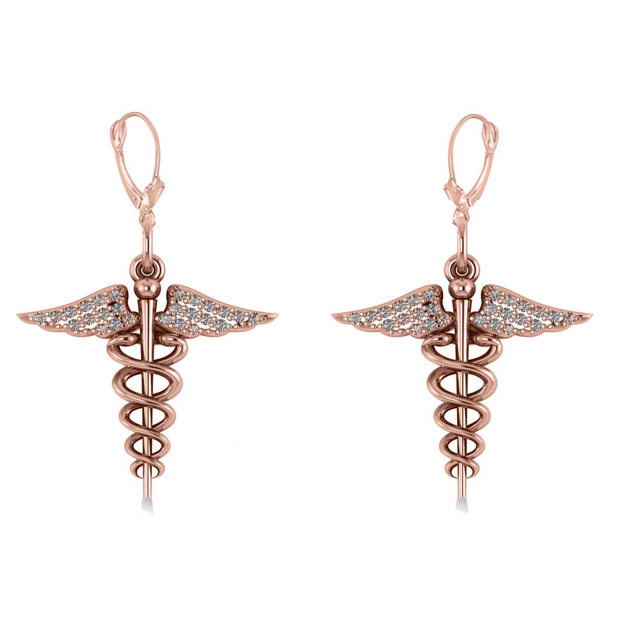 Diamond Caduceus Medical Symbol Dangle Earrings 14k Rose Gold (0.26ct)
