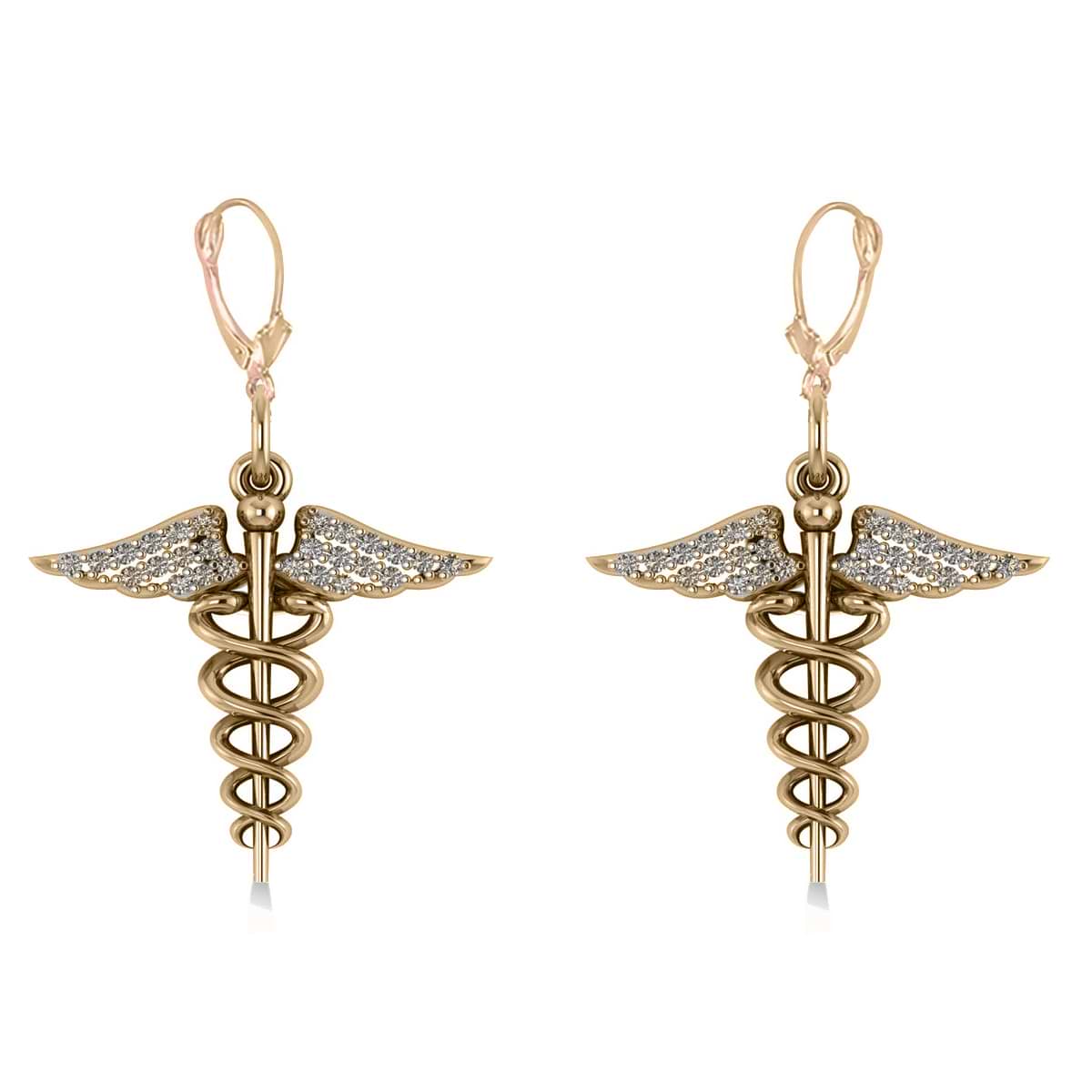 Diamond Caduceus Medical Symbol Dangle Earrings 14k Yellow Gold (0.26ct)