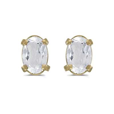 Oval White Topaz Studs Birthstone Earrings 14k Yellow Gold (1.14ct)