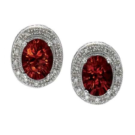 Oval Garnet and Diamond Earrings 14k White Gold (8x6mm)