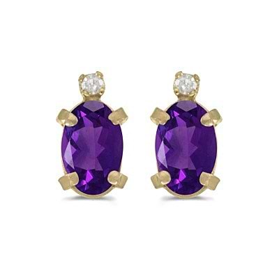 Oval Amethyst and Diamond Studs Earrings 14k Yellow Gold (0.90ct)