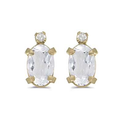Oval White Topaz and Diamond Stud Earrings 14k Yellow Gold (1.14ct)
