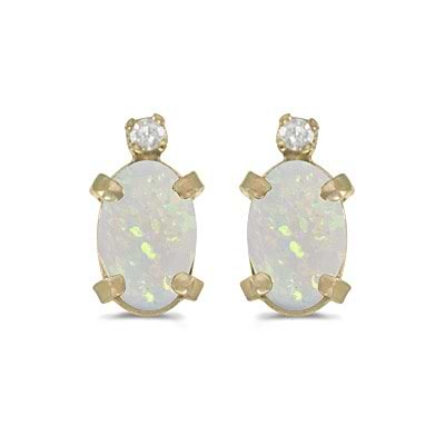 Oval Opal and Diamond Studs Earrings 14k Yellow Gold (1.12ct)