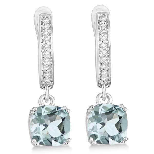 Cushion Cut Aquamarine & Diamond Drop Earrings Sterling Silver 2.63ct