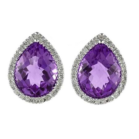 Pear Shaped Amethyst and Diamond Earrings in 14k White Gold