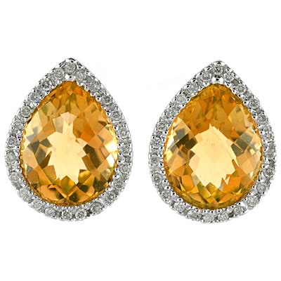 Pear Shaped Citrine and Diamond Earrings in 14k White Gold