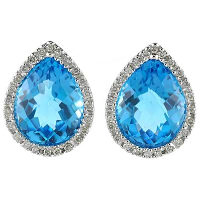 Pear Shaped Blue Topaz and Diamond Earrings in 14k White Gold