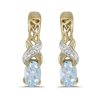 Oval Aquamarine & Diamond March Birthstone Earrings 14k Yellow Gold