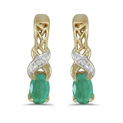 Oval Emerald & Diamond May Birthstone Earrings 14k Yellow Gold