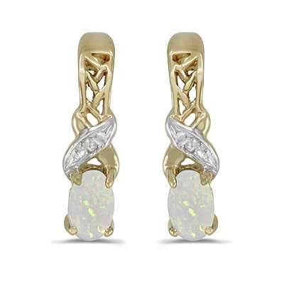Oval Opal & Diamond October Birthstone Earrings 14k Yellow Gold