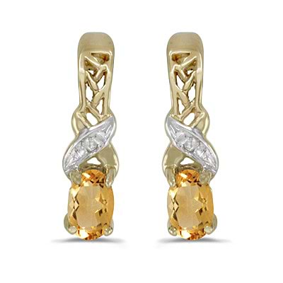 Oval Citrine & Diamond November Birthstone Earrings 14k Yellow Gold