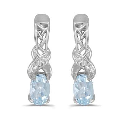 Oval Aquamarine & Diamond March Birthstone Earrings 14k White Gold
