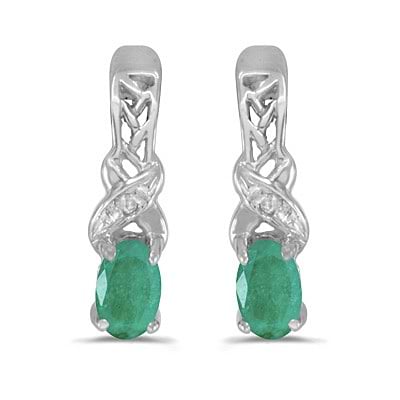 Oval Emerald & Diamond May Birthstone Earrings 14k White Gold