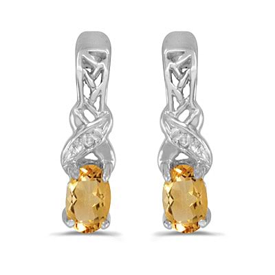 Oval Citrine & Diamond November Birthstone Earrings 14k White Gold