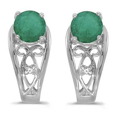 Round Emerald & Diamond Filigree Earrings 14k White Gold (0.96ctw)